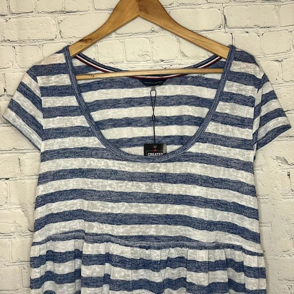 Tommy Hilfiger GRAY/BLUE STRIPES Wide Stripe Cap‎ Sleeve Dress Cover-up, US L/XL
